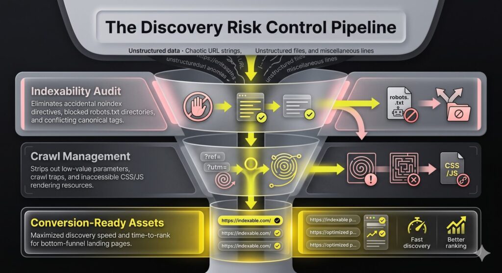 Neumorphic multi-stage funnel infographic detailing the identification and removal of indexability barriers and crawl traps from raw site data.