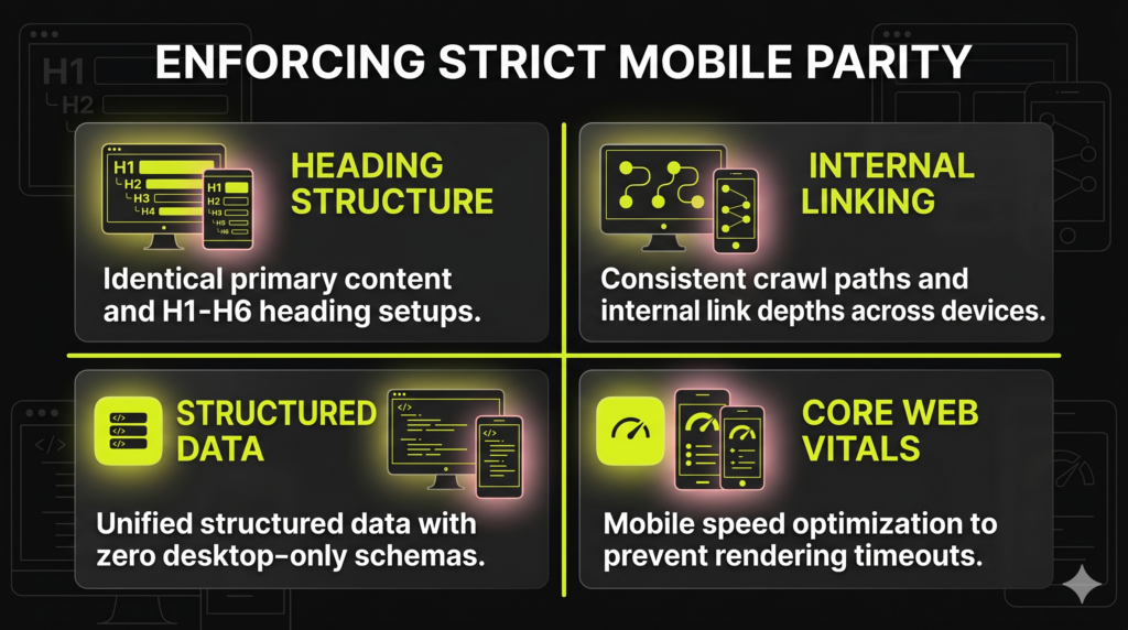 A 2x2 matrix infographic illustrating the four foundational areas required to maintain absolute mobile parity for modern indexing.