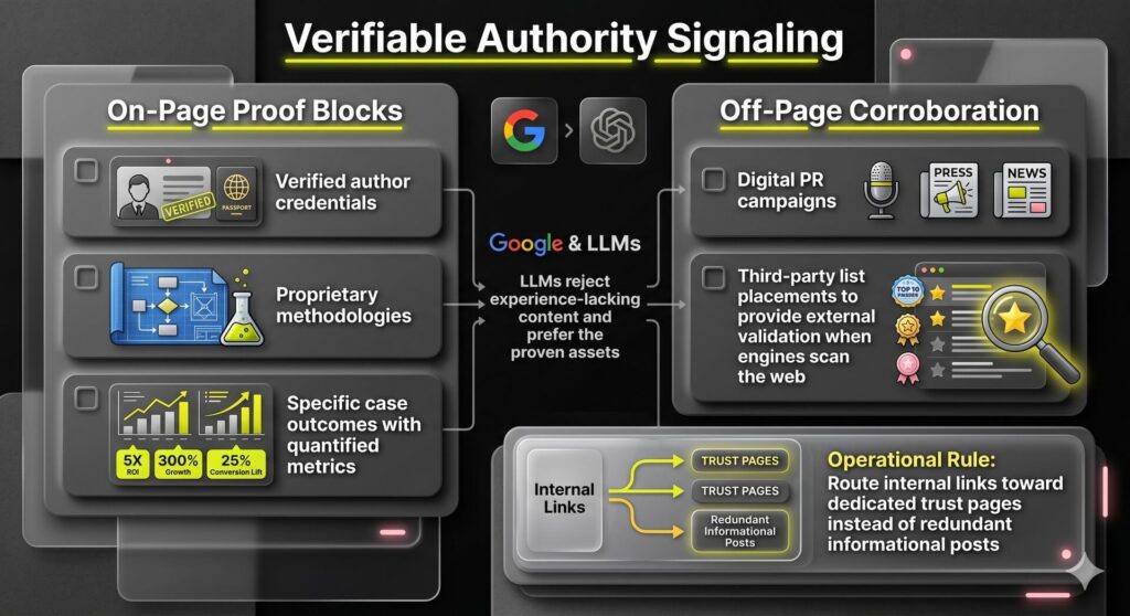 Twin-column layout showcasing formatting requirements for on-page proof blocks and off-page digital PR corroboration channels.
