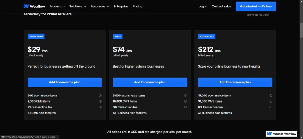 Webflow’s  annual pricing for site plans