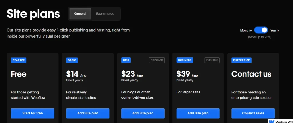 Webflow’s pricing for site plans