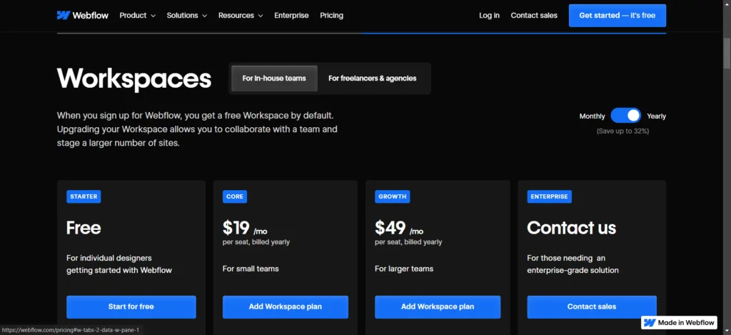 Webflow’s pricing for workspaces