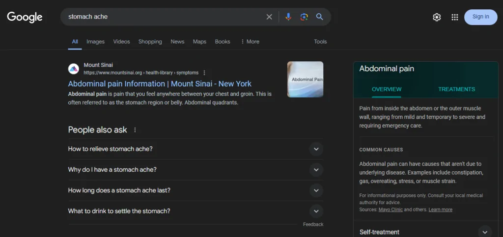 Google search results for the query “stomach ache”
