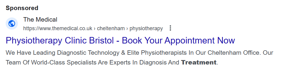 Ein Beispiel für eine PPC-Anzeige für eine Physiotherapieklinik in Bristol.