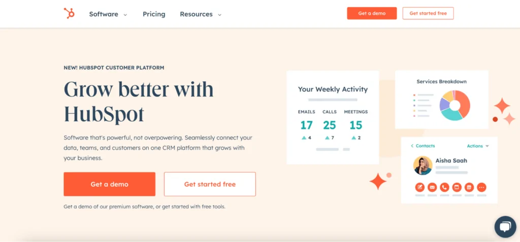 A screenshot of the HubSpot homepage highlighting the new customer platform with buttons for a demo and to get started for free, and graphics showing weekly activity and services breakdown.