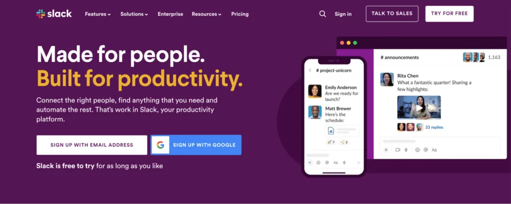  Die Homepage von Slack verwendet eine violette Farbpalette und beschreibt den Mehrwert für die Produktivität.