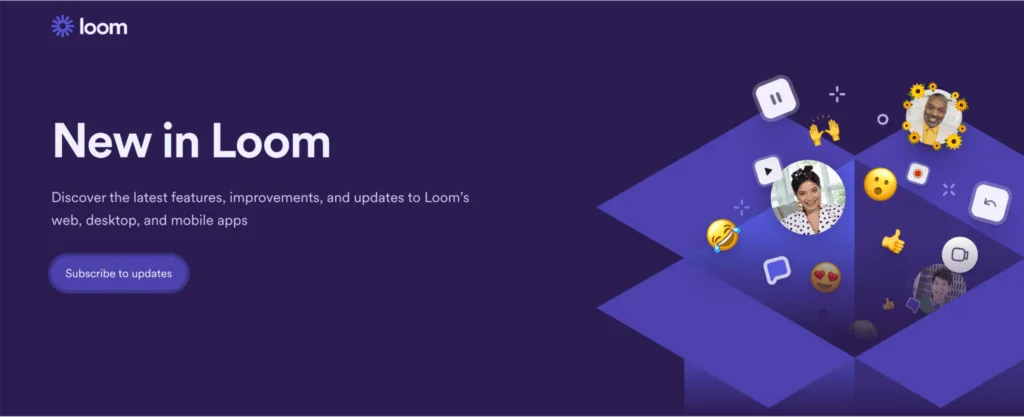 Eine Landing Page auf der Loom-Website zeigt einen dunkelvioletten Hintergrund, Emojis und die Überschrift "New in Loom".