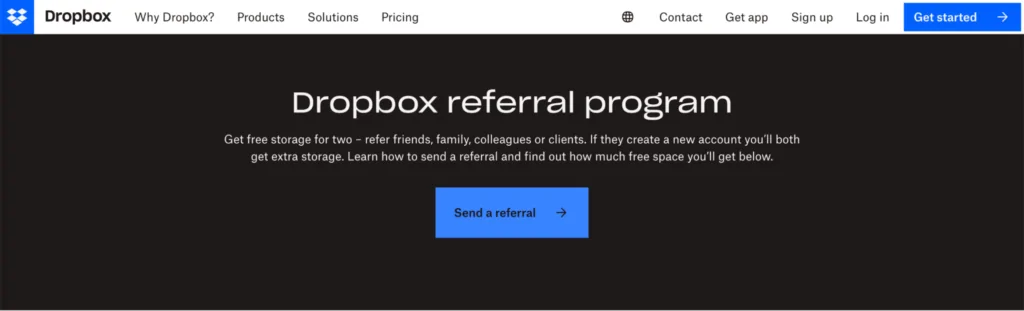 Dropbox verwendet ein weißes Banner und einen schwarzen Hintergrund auf einer Landing Page für sein Empfehlungsprogramm.