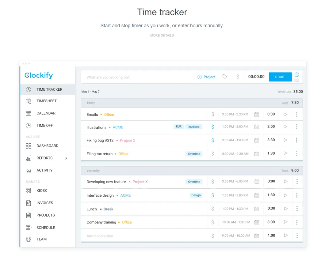 Screenshot taken from Clockify website showing an example of the time tracker tool.