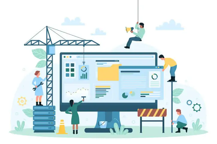 Graphic illustration of a large computer monitor displaying various charts and analytics with miniature people interacting with the elements as if on a construction site.