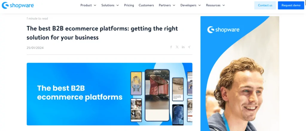 Ein Screenshot des Blogartikels "Die besten B2B-E-Commerce-Plattformen" von Shopware.