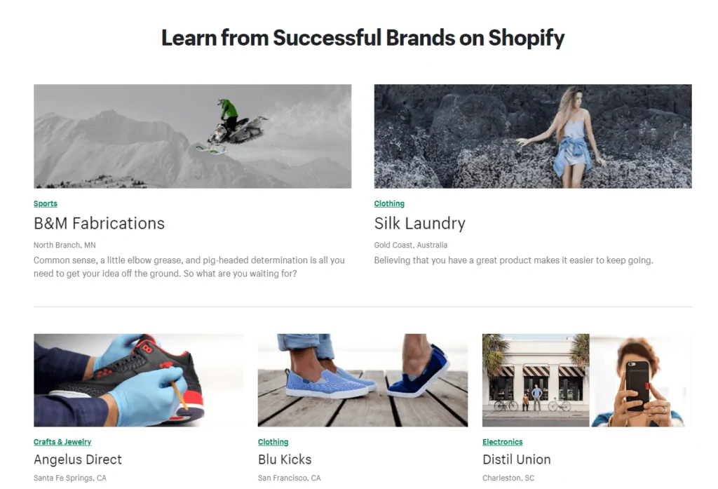 مثال على كيفية استخدام Shopify لقصص النجاح للحصول على عملاء محتملين واردين. 