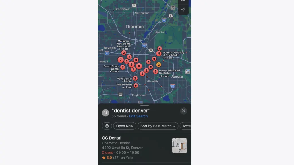 Apple Maps screenshot showing a search for 'dentist Denver' with multiple red location markers on the map and details of OG Dental, including its address and Yelp rating.
