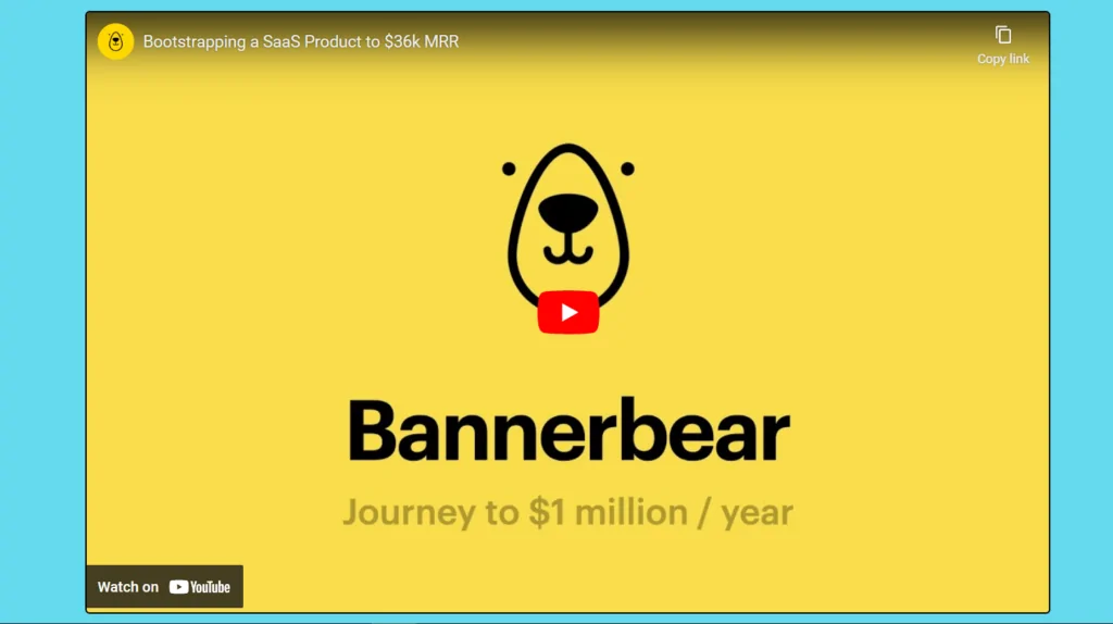 Bannerbear case study video cover with a yellow background, a simple bear logo, and text: 'Journey to $1 million/year