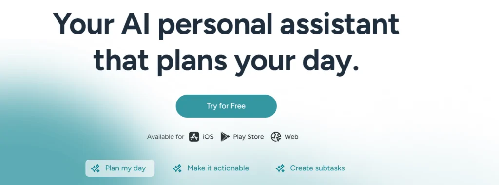 BeforeSunset AI personal assistant advertisement with a gradient background and text: 'Your AI personal assistant that plans your day. Try for Free.