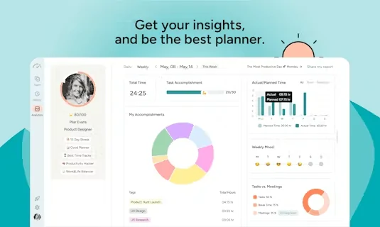 BeforeSunset AI interface showing detailed task tracking, charts, and a profile of a product designer with motivational text: 'Get your insights, and be the best planner.
