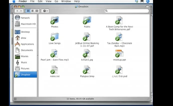 Screenshot of Dropbox interface from 2011 displaying various file types and folders including photos, PDFs, and music files.