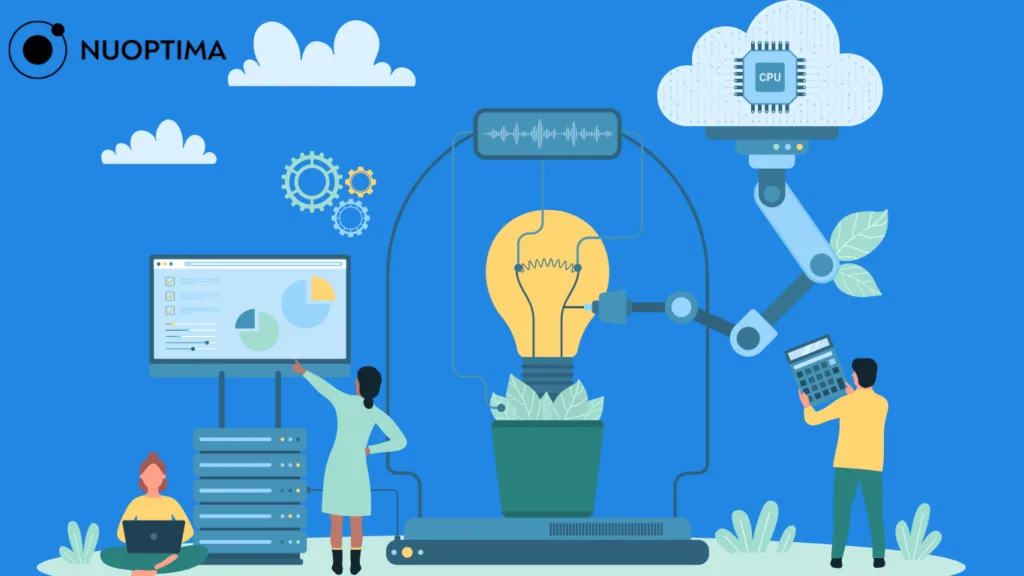 Illustration of people working on a computer screen with various icons and charts, representing data analysis and innovation.