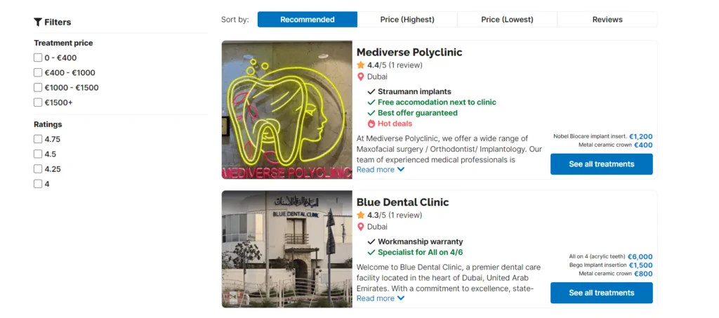 Example of a local review website for dentists