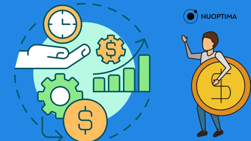 Illustration of gears, a clock, and an upward trending graph, representing efficiency and value creation.