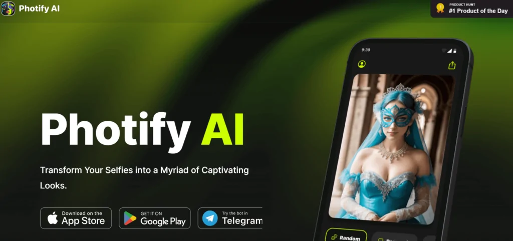 Photify AI app promotion with a woman in a blue costume and mask on a smartphone screen, text: 'Transform Your Selfies into a Myriad of Captivating Looks,' available on App Store, Google Play, and Telegram.