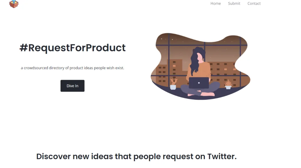 ProductHunt page with 'RequestForProduct' title, a crowdsourced directory of product ideas, and an illustration of a woman with a laptop in front of a cityscape.