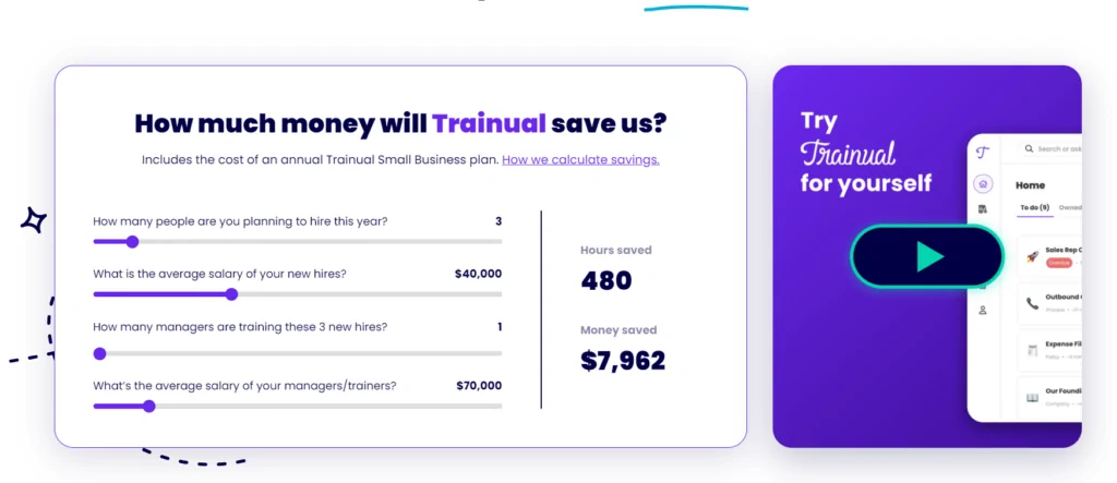 قسم من صفحة الويب بعنوان "كم من المال سيوفر لنا ترينوال من المال؟" مع حاسبة لتوفير التكاليف تعرض منزلقات قابلة للتعديل لعدد الموظفين ومتوسط رواتب الموظفين الجدد وعدد المديرين الذين يدربون الموظفين الجدد ورواتبهم. 