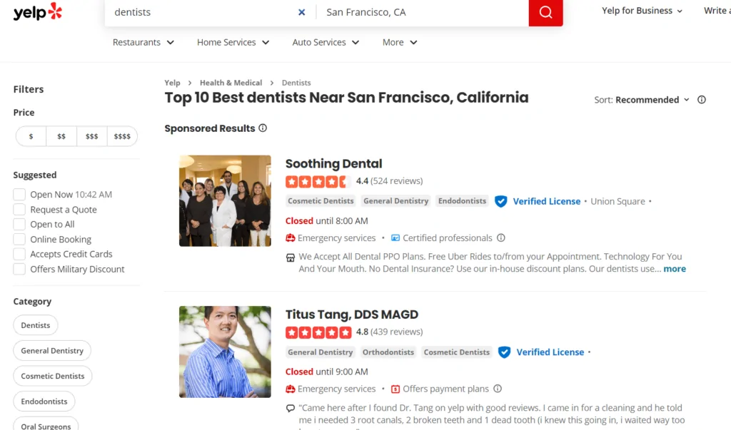 Yelp reviews for dentists