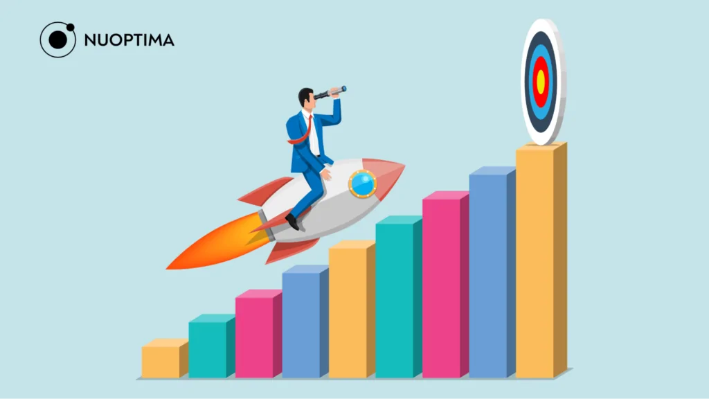 An illustration of a businessman riding a rocket up a bar chart and towards a bullseye target, suggesting a business experiencing success because they prioritized achieving a product-market fit.