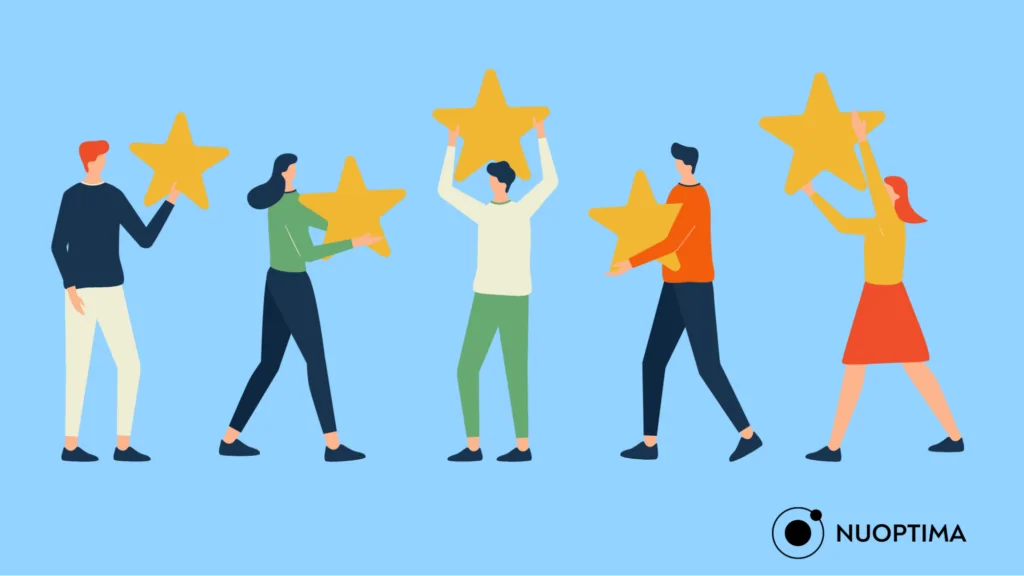 An illustration of a group of five people, with each holding a gold star, indicating positive customer experience and referrals.