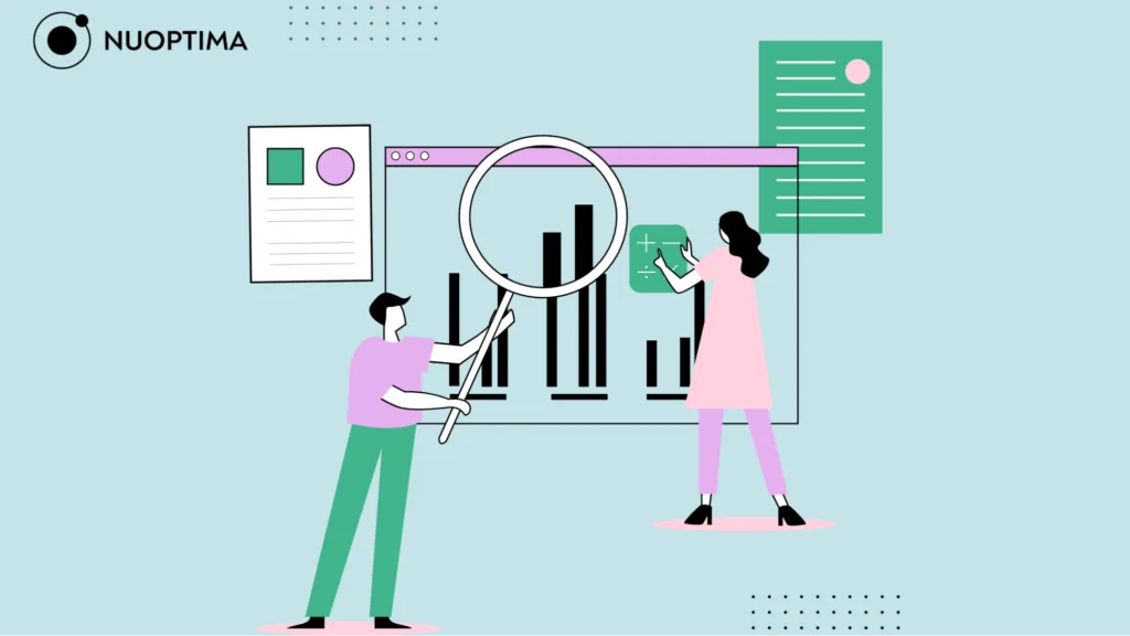 An illustration of a woman and a man holding a magnifying glass against a screen displaying different charts, suggesting private equity operating partners analyze data as part of their role. 