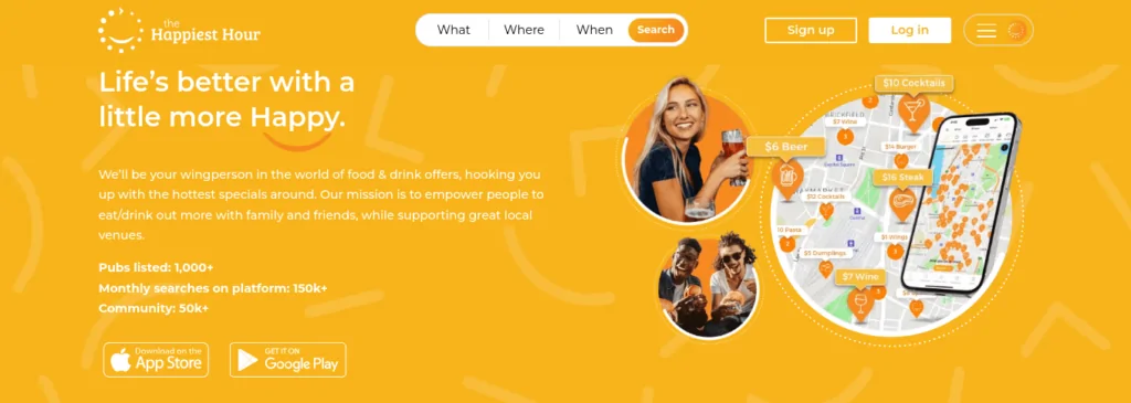 A screenshot of the website homepage of The Happiest Hour.