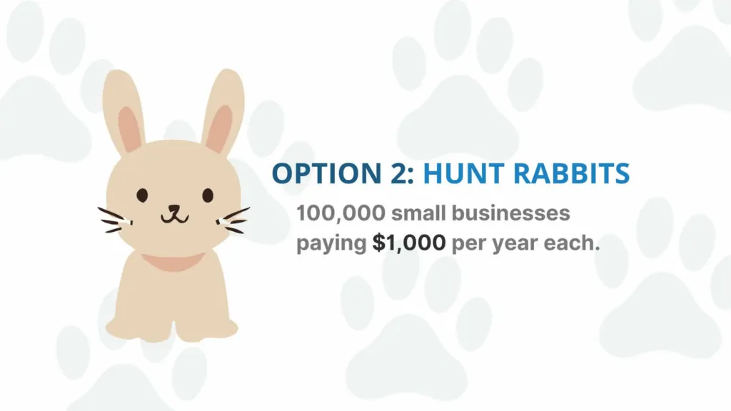 An illustration of a rabbit with the text "option 2: hunt rabbits - 100,000 small businesses paying $1,000 per year each" written beside it. 