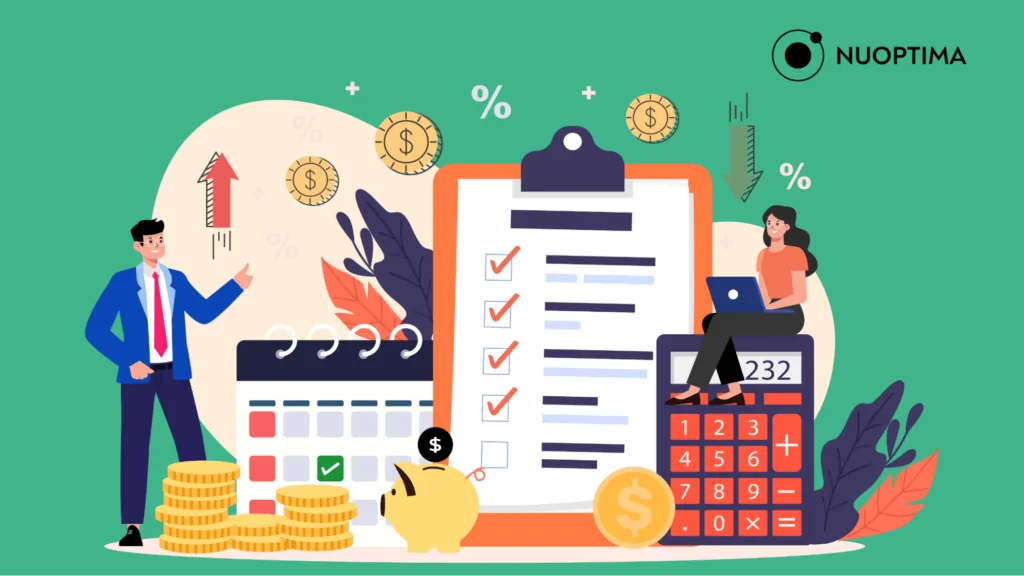 An illustration of two people surrounded by different account-based items, including a calculator, checklist, and piggybank, suggesting the process of identifying high-value accounts in account-based marketing.