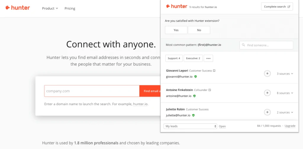 A web page interface of the Hunter.io tool, displaying a search bar for finding email addresses and a sidebar showing search results with names and email patterns of individuals associated with a specific domain.