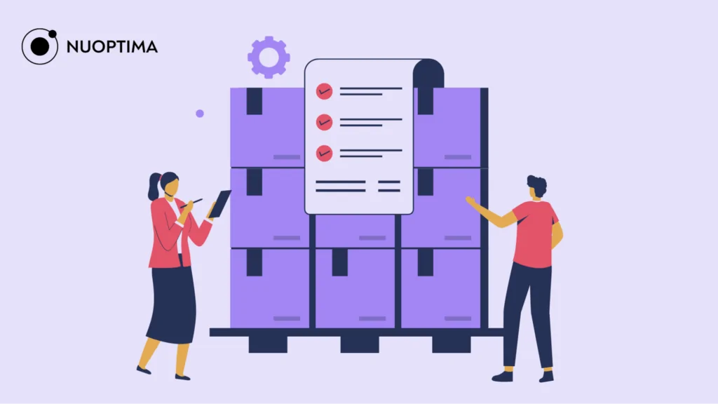 An illustration of two people standing in front of a storage compartment with a checklist hanging out of it, indicating operating partners optimizing inventory and cash flow. 