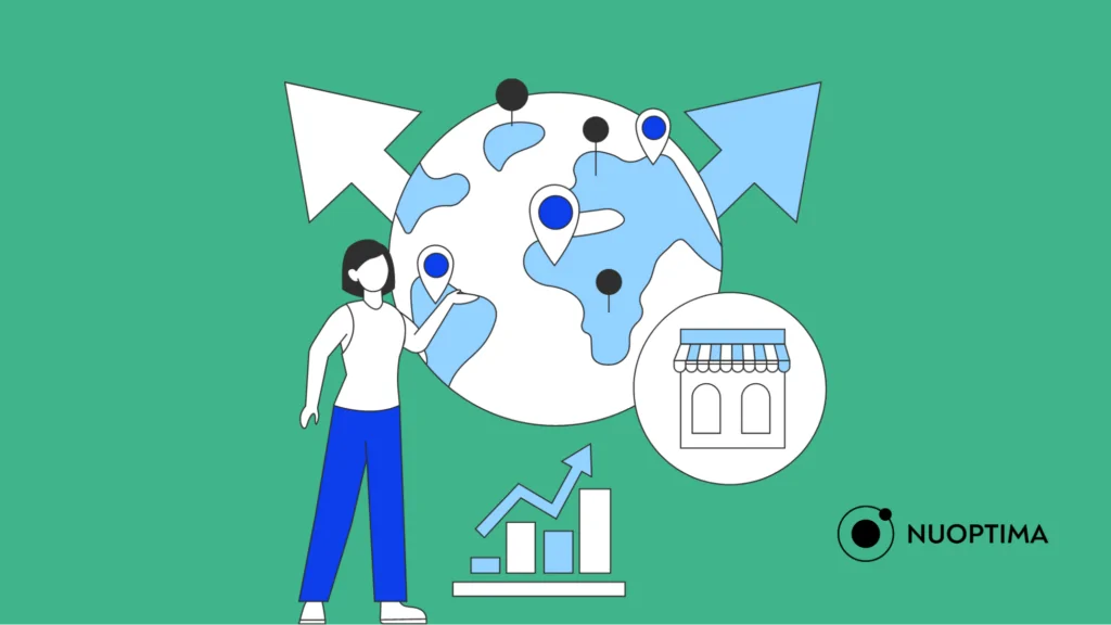 An illustration of a woman standing next to a globe with multiple location pins and arrows on it, indicating an operating partner using market growth strategies to grow their portfolio companies.