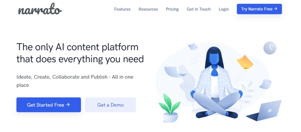 Narrato AI content platform homepage with a woman meditating illustration and text: 'The only AI content platform that does everything you need. Ideate, Create, Collaborate and Publish - All in one place.
