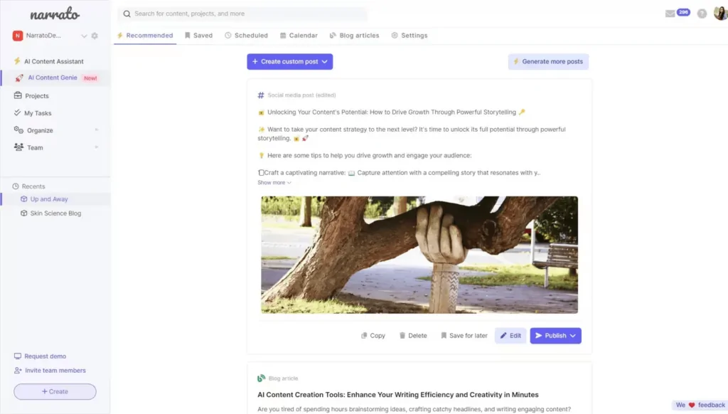 Narrato AI content assistant interface showing content creation and organization tools, with a highlighted post about driving growth through powerful storytelling.