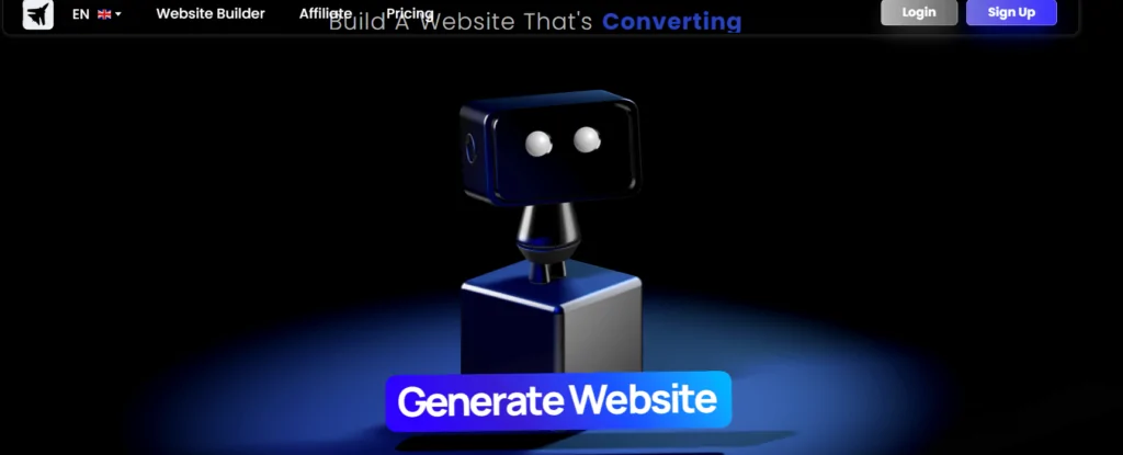 Netjet website builder homepage featuring a 3D robot with a dark background and text: 'Build A Website That's Converting' and 'Generate Website' button.