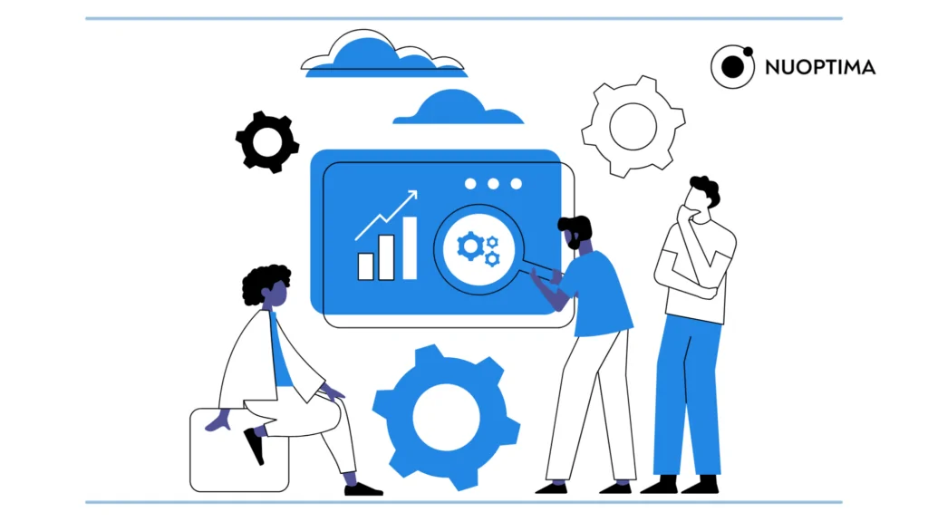 An illustration of three people analyzing a screen displaying a growing bar chart, suggesting operating partners analyzing a business’ operation. 