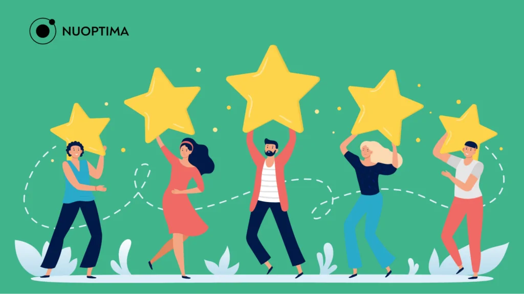 An illustration of a group of five people, each holding a gold star above their heads, indicating positive customer experiences as a tool in ABM marketing.