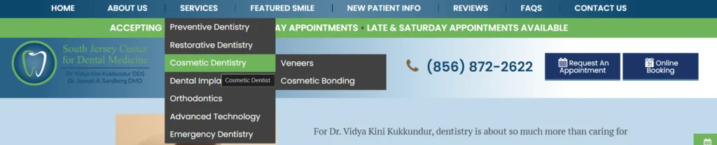 Example of website navigation for a dental clinic