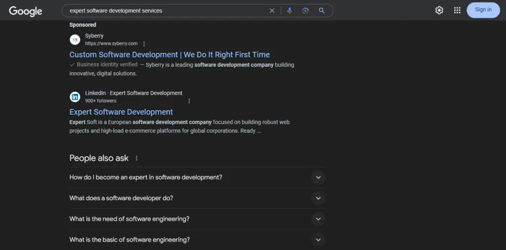 تُظهِر نتائج بحث Google SERPS للأشخاص الذين يطلبون أيضًا قسم "خدمات تطوير البرمجيات الخبيرة"