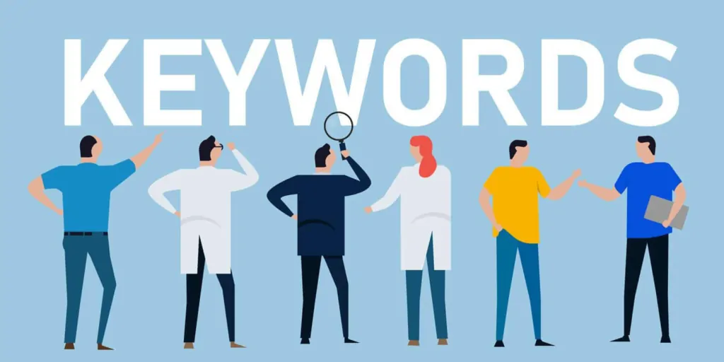 Image showing six people looking at the word “keywords,” illustrating the importance of finding the right keywords for SEO for startups.