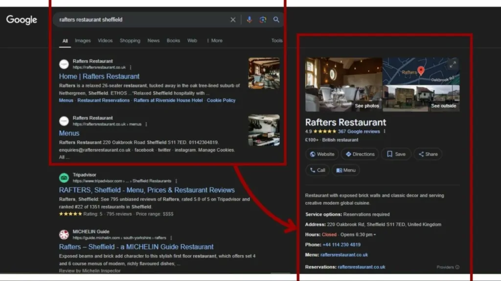 Suchanfrage für das Restaurant Rafter in Google und die entsprechenden lokalen schema-reichen Ergebnisse