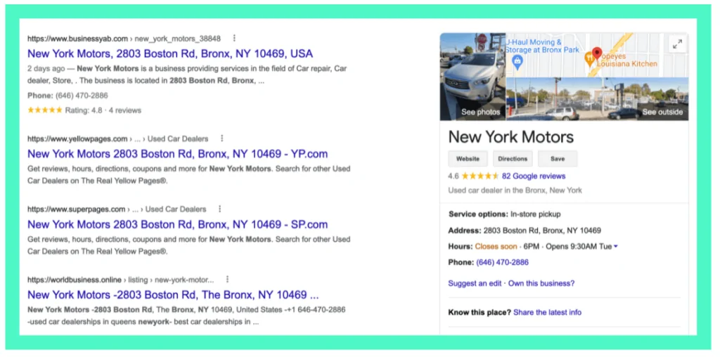 Eine Google-Suchergebnisseite für "New York Motors" in der Bronx, NY. 