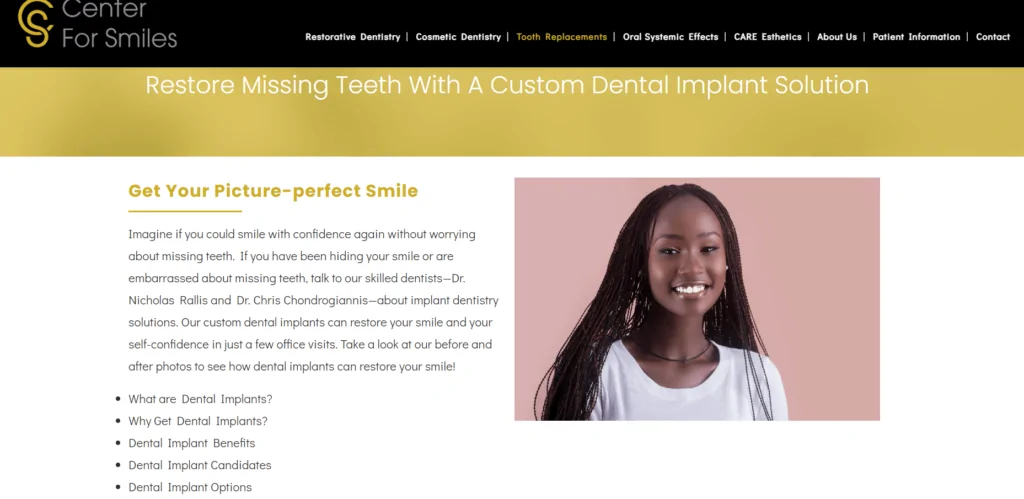 an example of a dental service product page